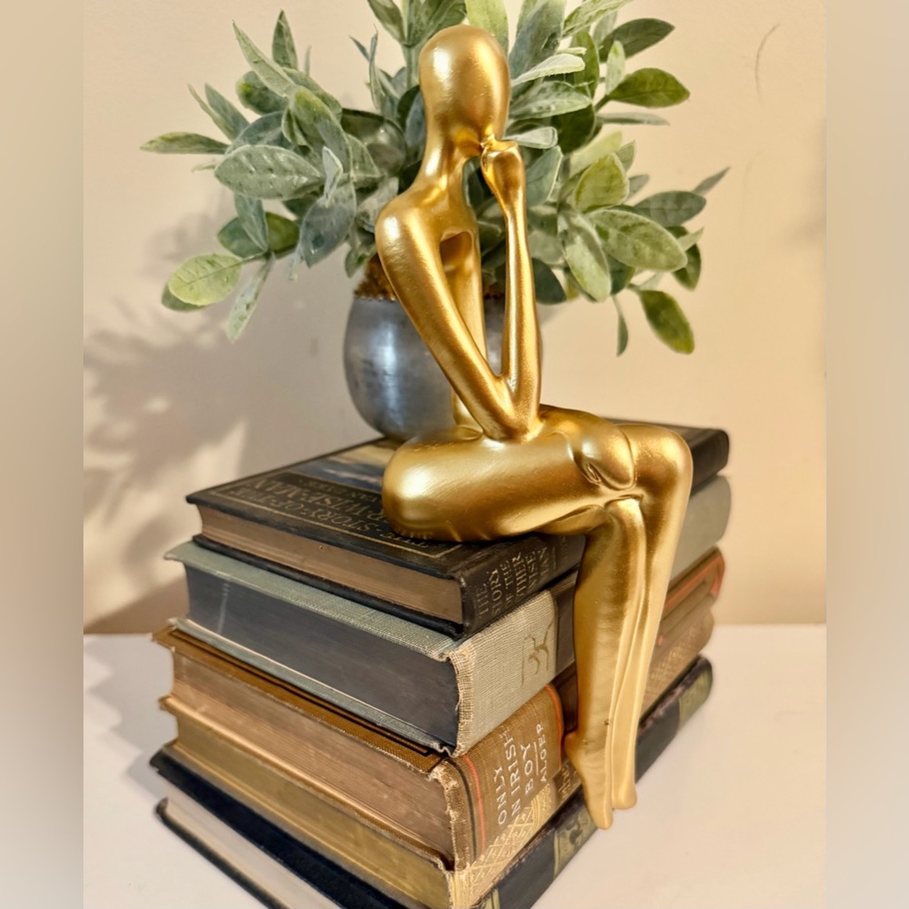 Gold Thinker Bookshelf Sitter Minimalist Figure Gift for Reader - Picture 4 of 6